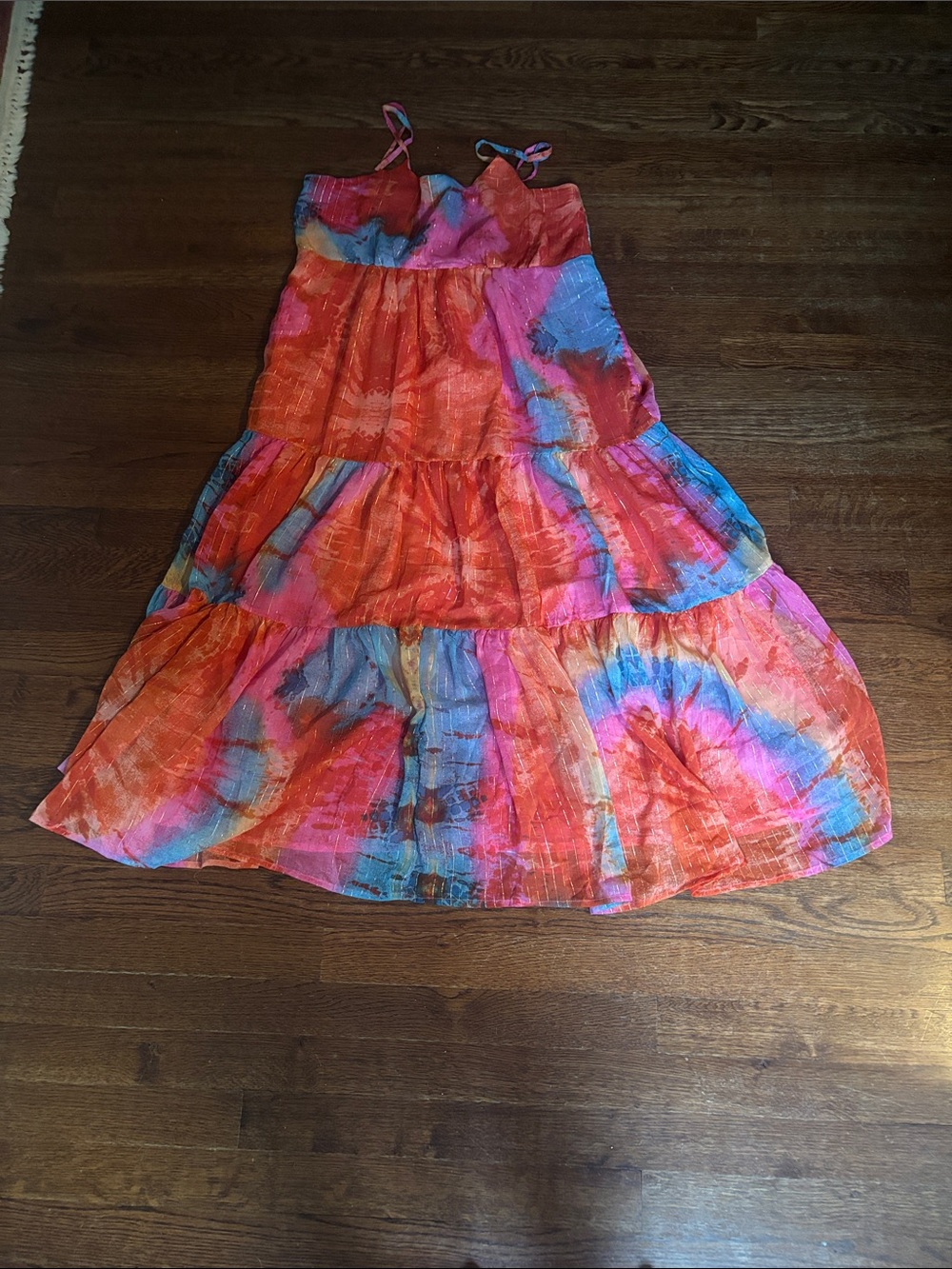 For The Republic Tie-Dye Tiered Midi Dress in Orange, Pink & Blue